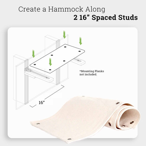 diagram of a 3 grommet canvas hammock attaching to planks on the wall