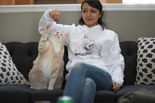 Bronson and White hoodie with cat drawing