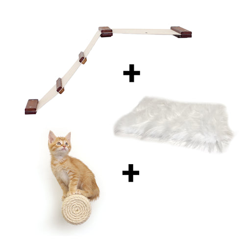 photo showcases the Lift, Floating post step and plush cat bed bundle in English Bamboo