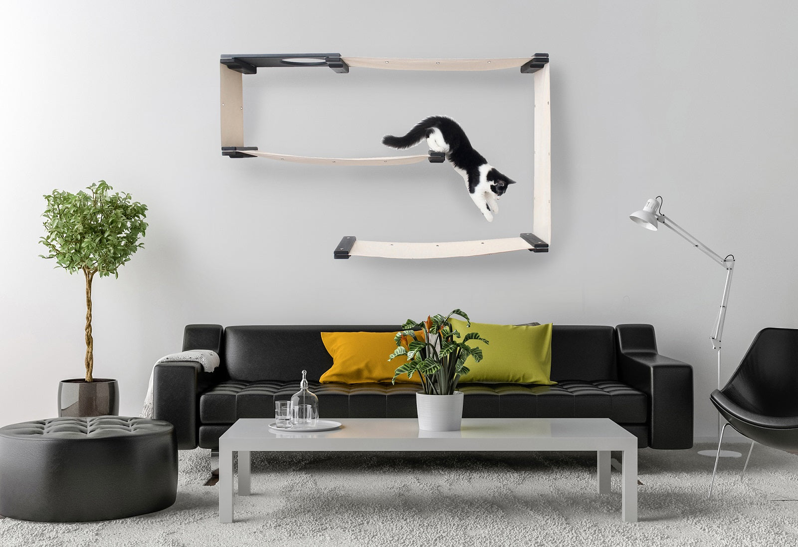 Onyx/Natural Maze installed over sofa with black and white kitten.