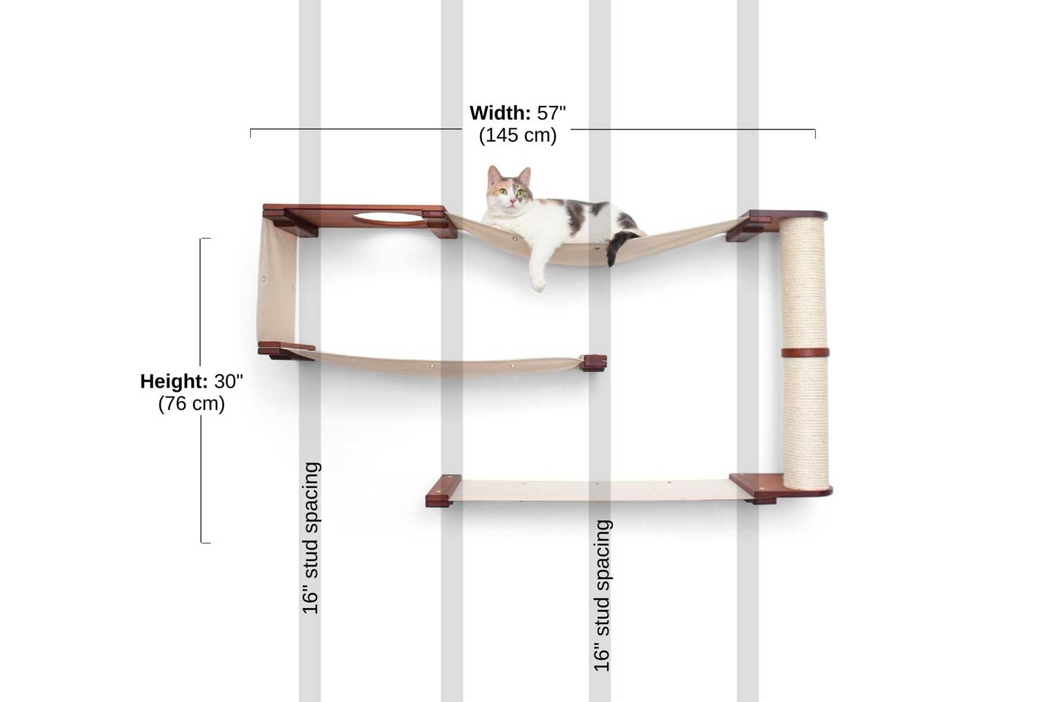 Diagram depicting installation of Deluxe Maze on wall with 16" stud spacings. Finishes are English Chestnut and Natural canvas.