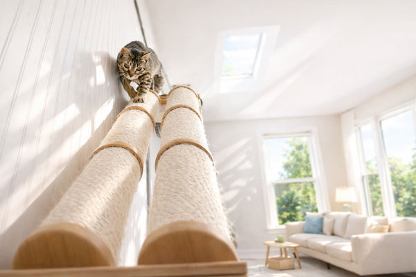 Cat climbing on a set of cat trees in a bright living room with a couch and windows.