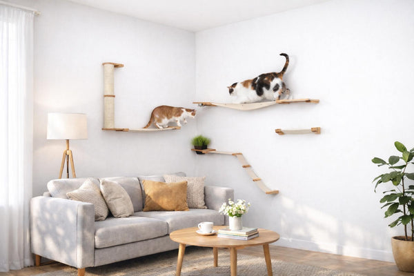 Living room with a gray sofa, wooden coffee table, and cat shelves on the wall.