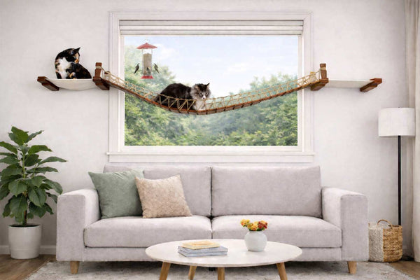 Living room with a cat on a hammock by a window, a gray sofa, and decorative items.