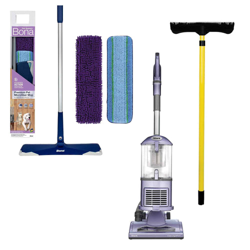 Set of cleaning tools including a vacuum cleaner, squeegee, and scrubber on a white background
