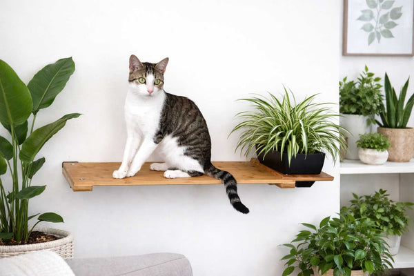 cat sitting on a cat shelf with planter and cat safe plant