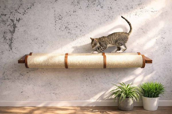 Cat using a wall-mounted cat scratcher with plants on a wooden floor and light gray wall background