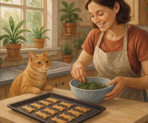 painting of cat being made cat treats