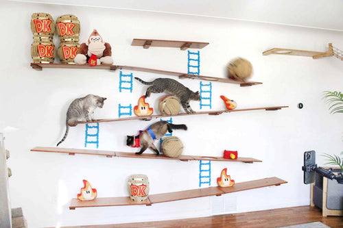 cats playing on donkey kong themed furniture