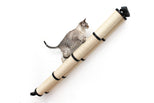 Sleek gray cat ascending a slanted cat scratching pole