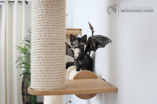 Cat playing with a bat-shaped toy on a cat tree