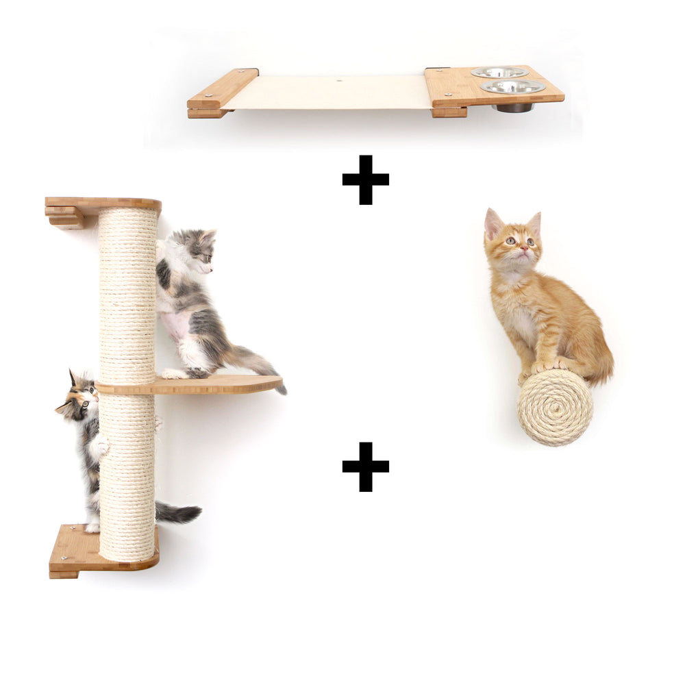 Bundle shown with Natural bamboo and canvas color options for a vertical scratching pole, floating post step and elevated feeder cat hammock