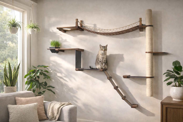 Cat sitting on a wall-mounted cat shelf with plants and a couch in the background