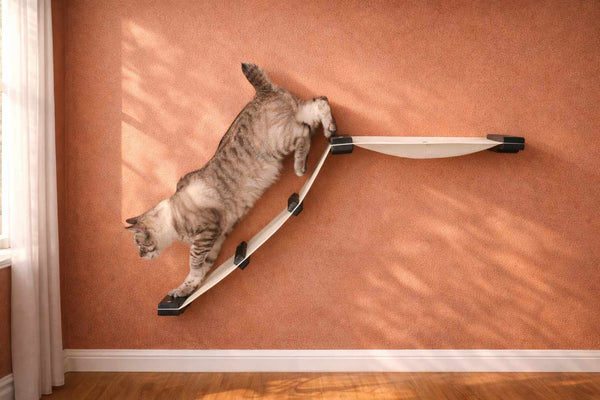 cat walking down cat hammock using ladder with terracotta colored wall