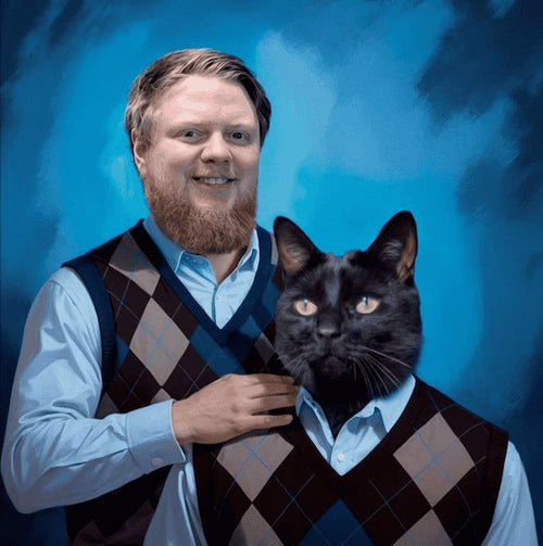 portrait of a hui\man with their cats head on a human body
