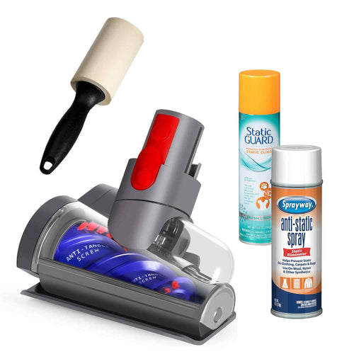 Dyson vacuum cleaner head with a roller brush, Static Guard and Sprayway anti-static spray on a white background.