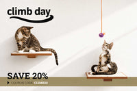 Two cats on cat shelves with a 'climb day' advertisement and discount offer.