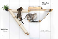 Wall-mounted cat shelf with two cats on a white background, showing dimensions.