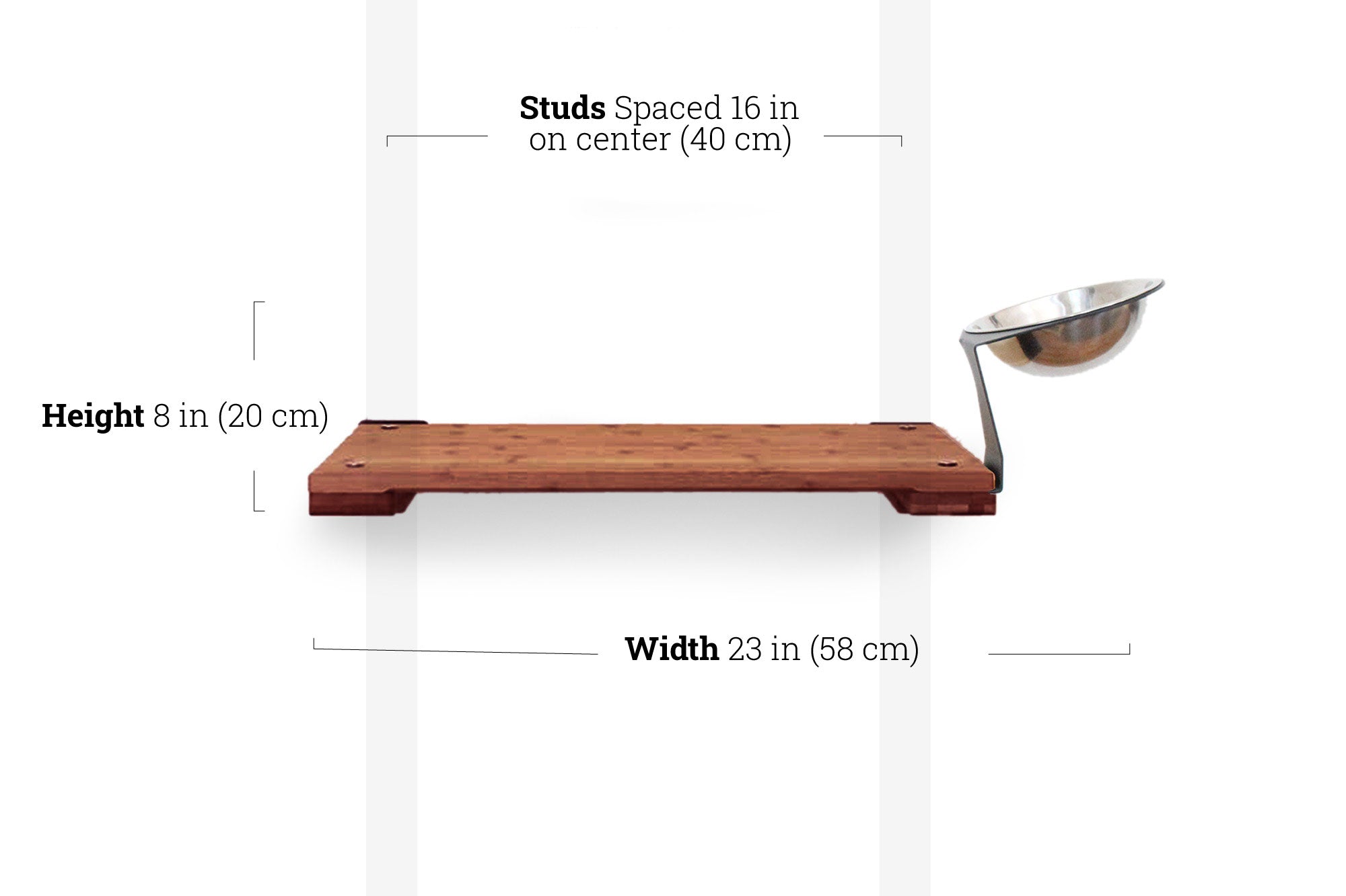 Wooden shelf with dimensions labeled on a white background