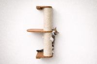 Cat climbing a wooden scratching post against a white wall