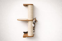 Cat climbing a wooden scratching post against a white wall