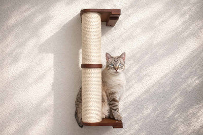 Cat sitting on a wall-mounted cat scratcher with a textured white background