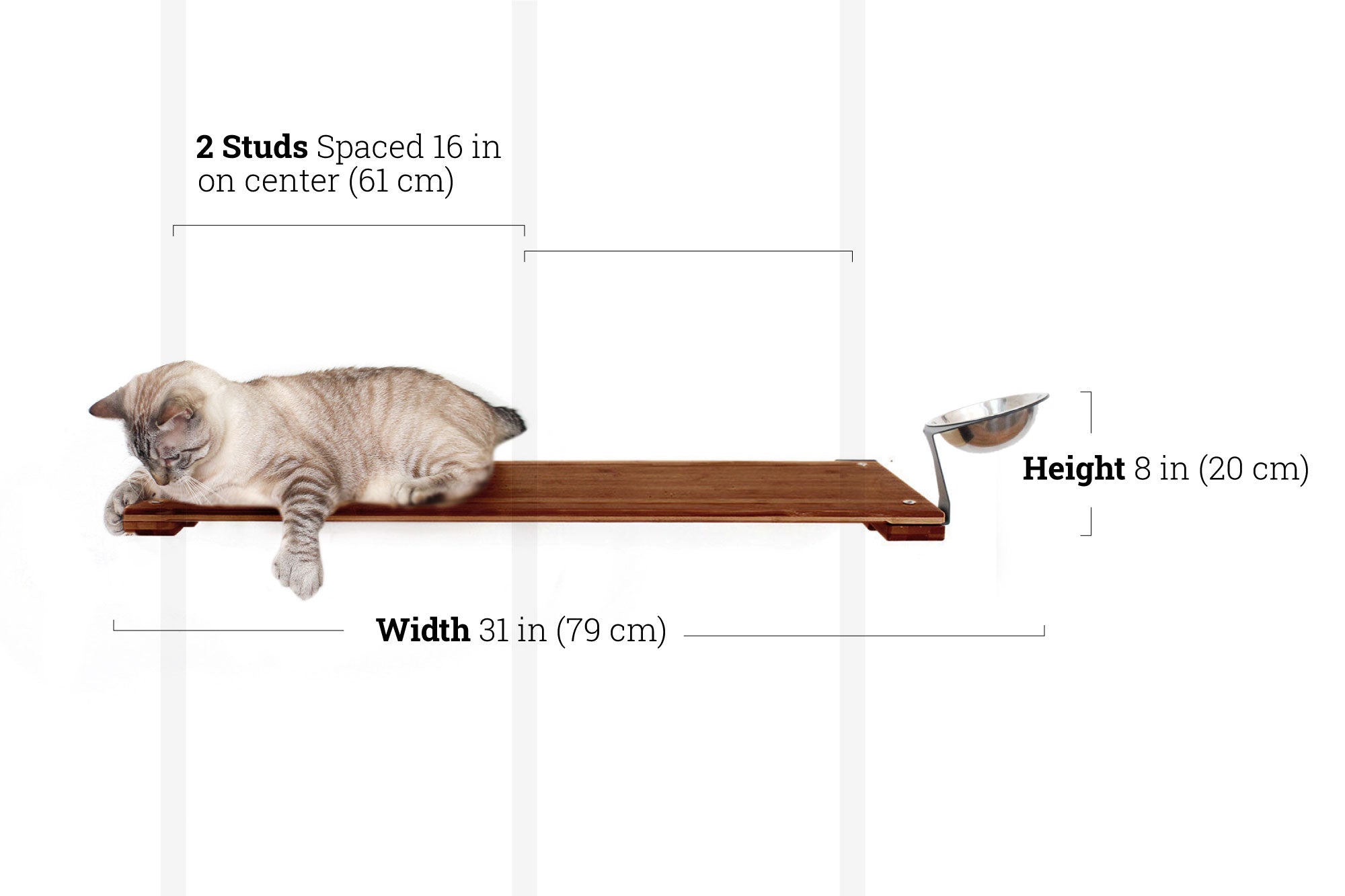 Cat on a wooden shelf with measurements labeled