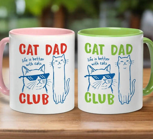Mug showing a cat with sunglasses and another sitting with the text "Cat Dad Club" and "life is better with cats"