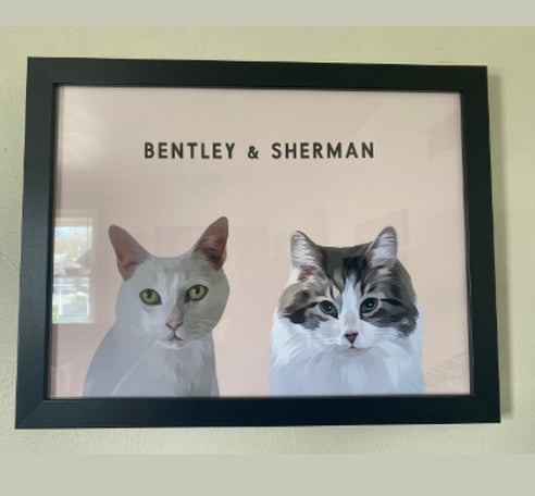 Two hand painted cats with their names printed above them 