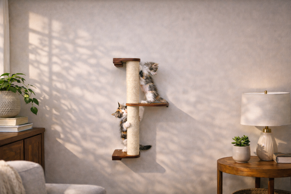 Cat climbing on a wall-mounted cat tree in a cozy living room.