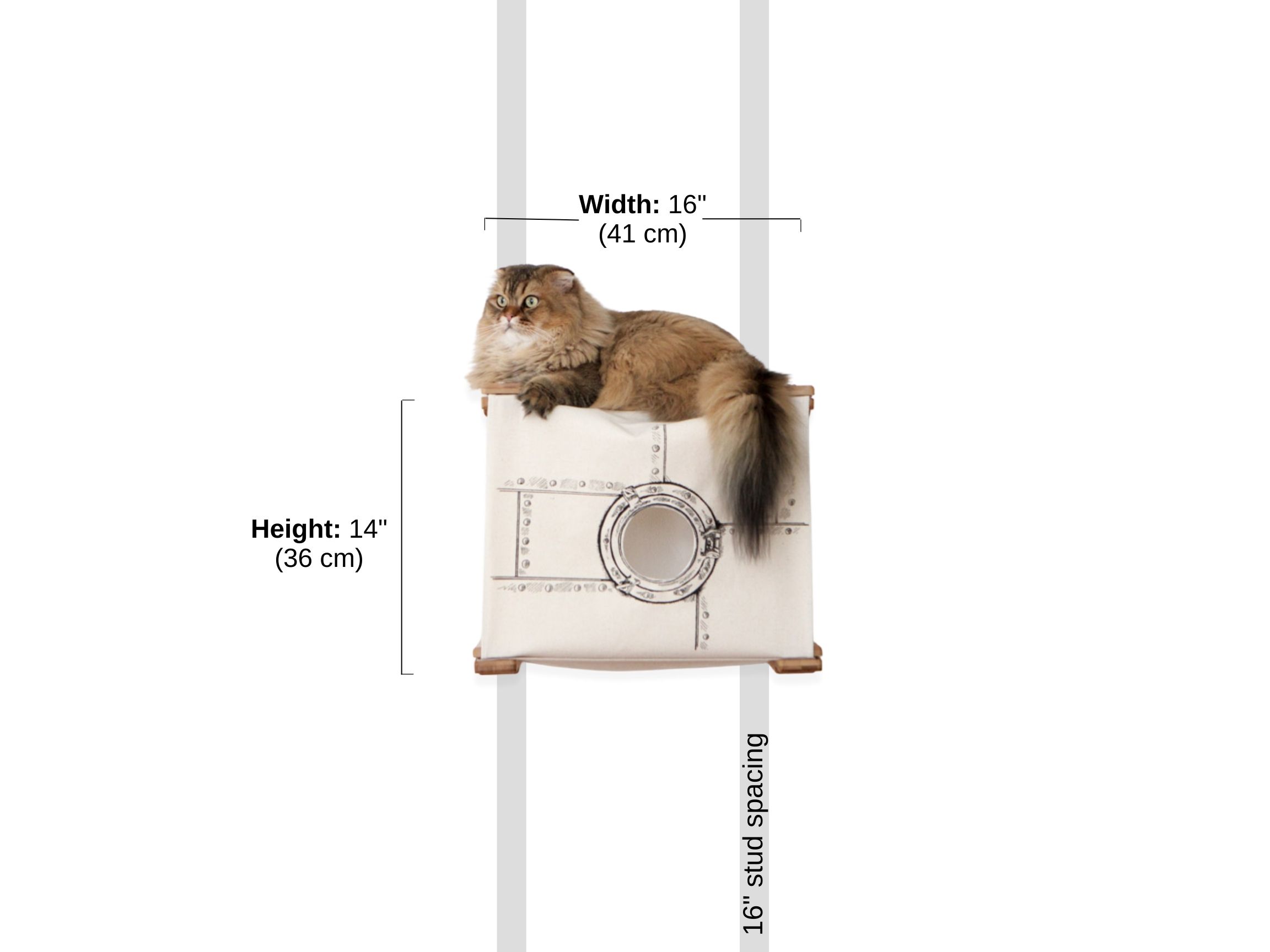 Diagram depicting Standard Cubby mounted on a wall with 16" stud spacing.