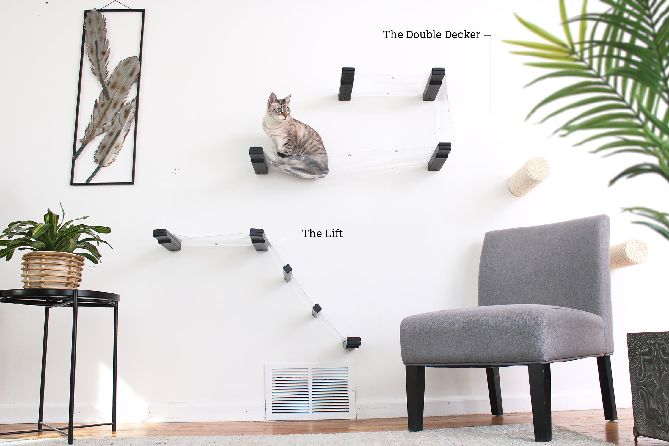The Lift and Double Decker Invisible Cat Hammocks on a wall with art and plants