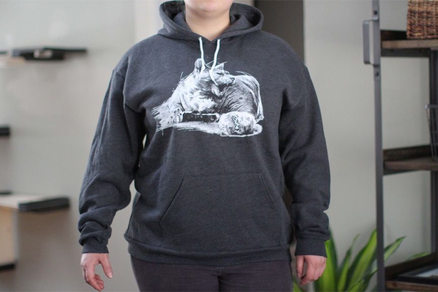 Grey hoodie with cat drawing