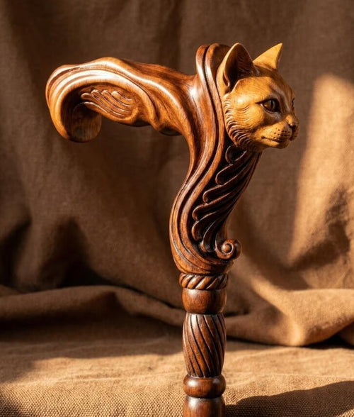 Hand Carved Cat Head Walking Stick 