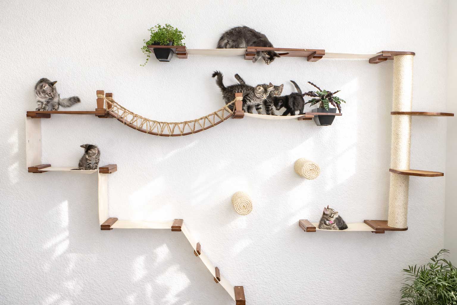 Cat play area with shelves and a bridge on a white wall