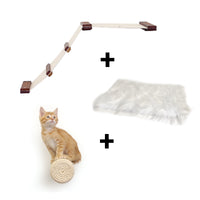 photo showcases the Lift, Floating post step and plush cat bed bundle in English Bamboo