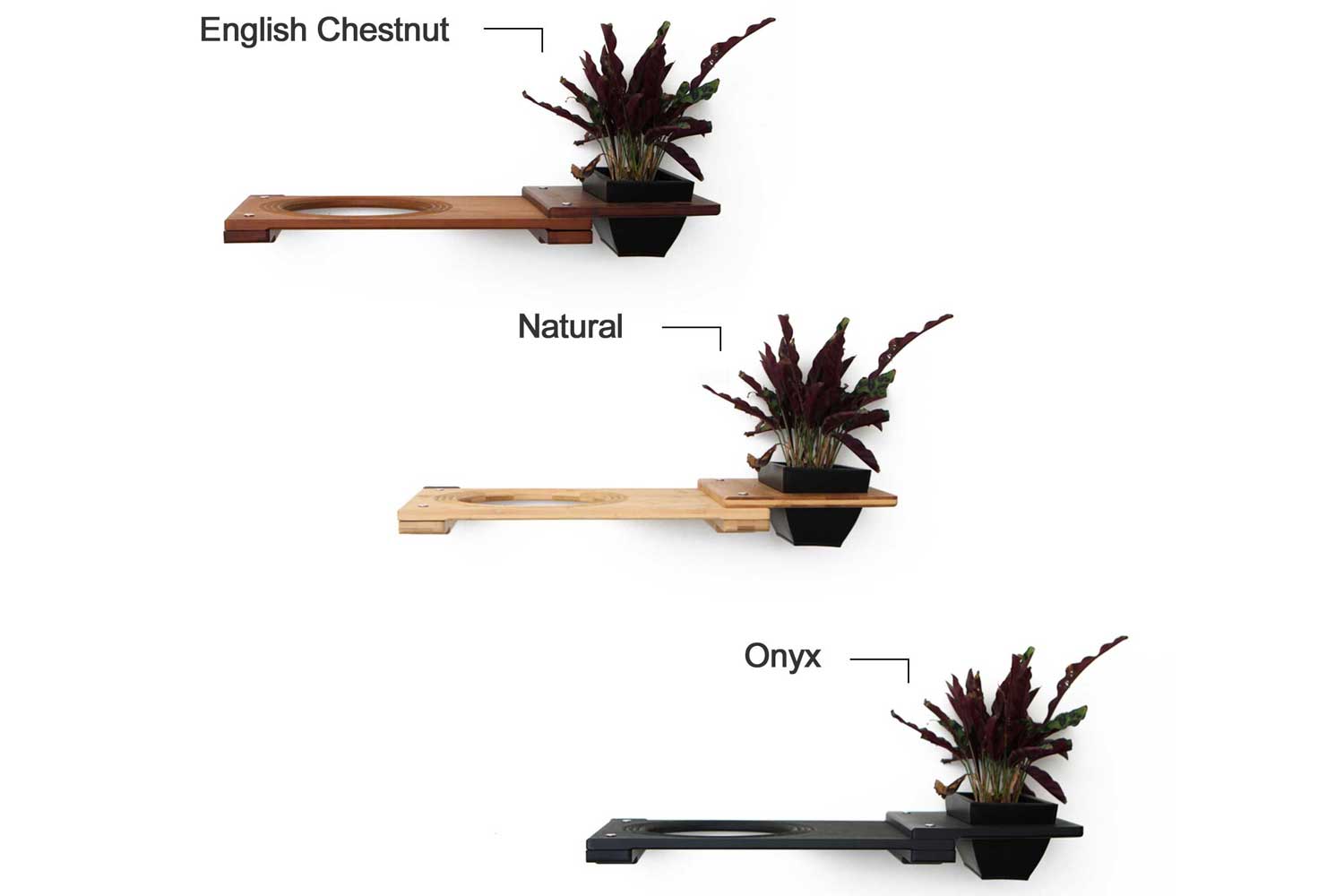 Examples of English Chestnut, Natural, and Onyx finishes available for 25" Planter Hatches.