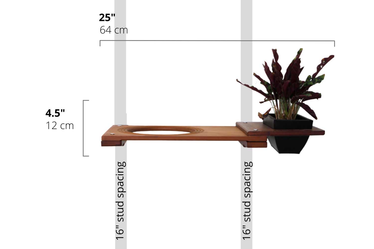 Diagram depicting installation of 25" Planter Hatch on wall with 16" stud spacing.