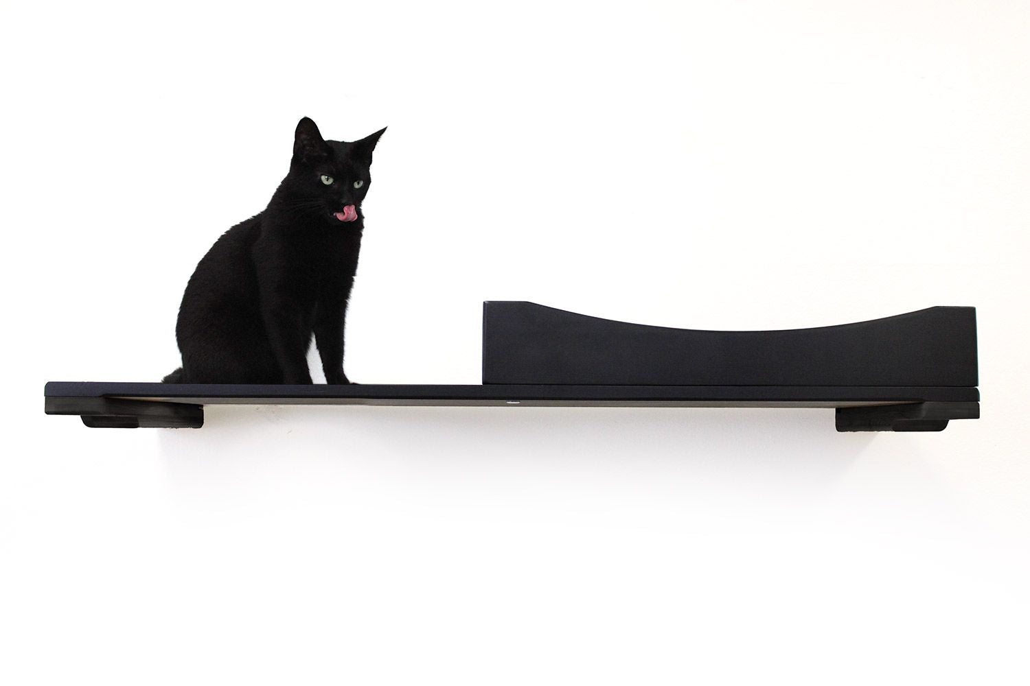 Cat sitting on a 34" Onyx bamboo Nest cat bed shelf
