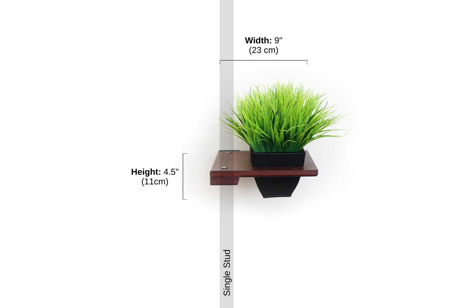 Image depicting 9" Planter Shelf in English Chestnut finish installed on a single stud. Faux greenery not included.