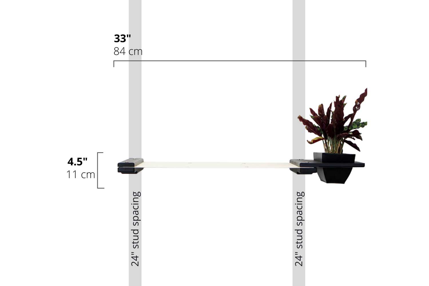 Diagram depicting 33" Planter Lounge in Onyx finish bamboo with Natural canvas fabric hammock installed on wall with 24" stud spacing.