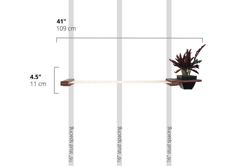 Diagram depicting installation of 41" Planter Lounge on wall with 16" stud spacing. Lounge pictured is English Chestnut bamboo finish with Natural canvas fabric.