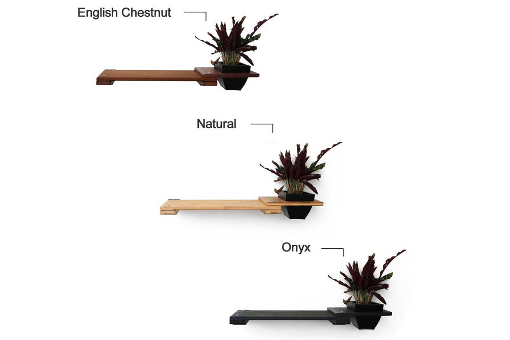 Examples of English Chestnut, Natural, and Onyx finishes available for 25" Planter Shelves.