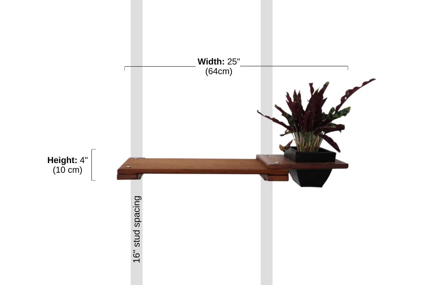 Diagram depicting installation of 25" Planter Shelf on wall with 16" stud spacing.