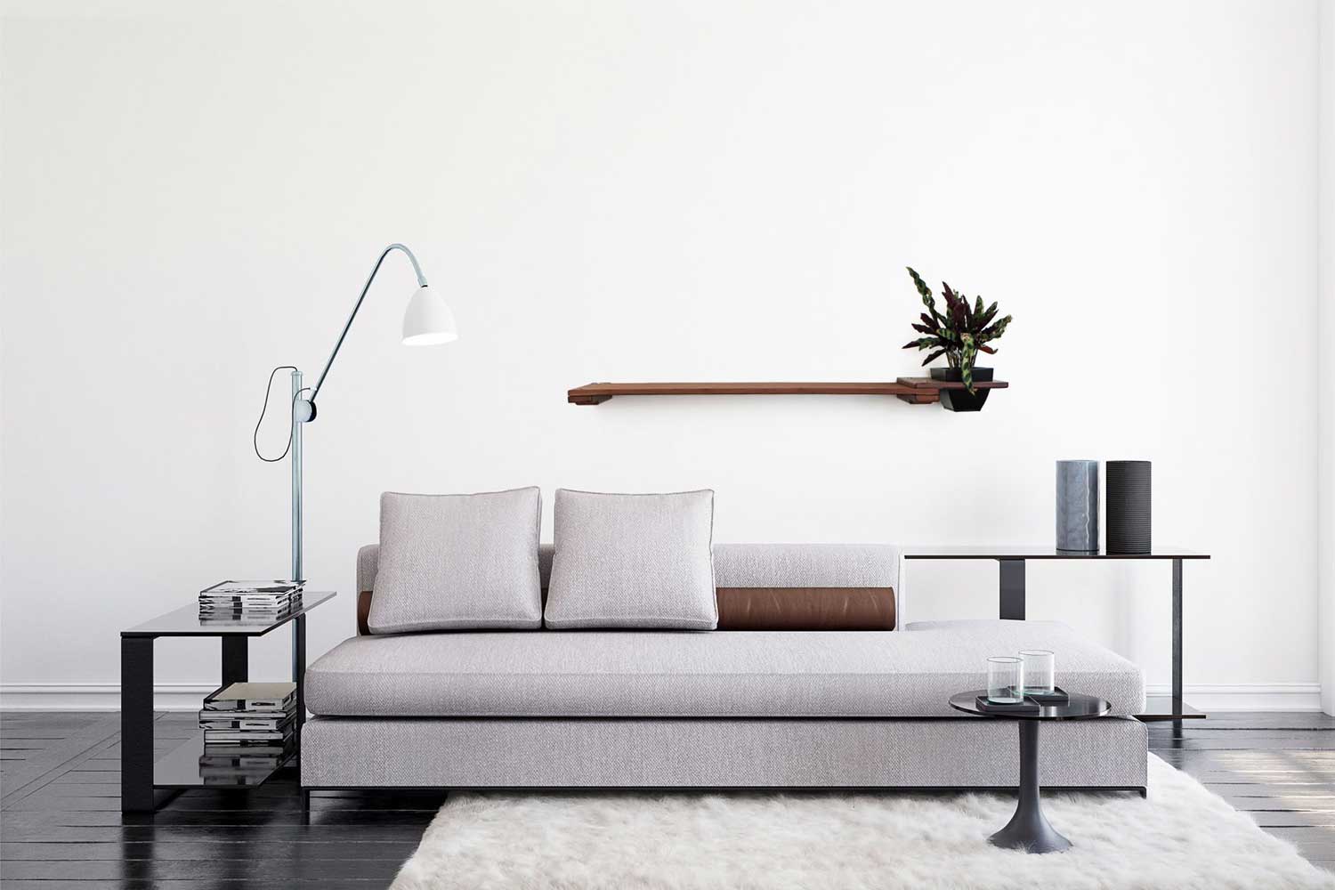 41" Planter Shelf in English Chestnut finish above a sofa in a neutral-toned living space.