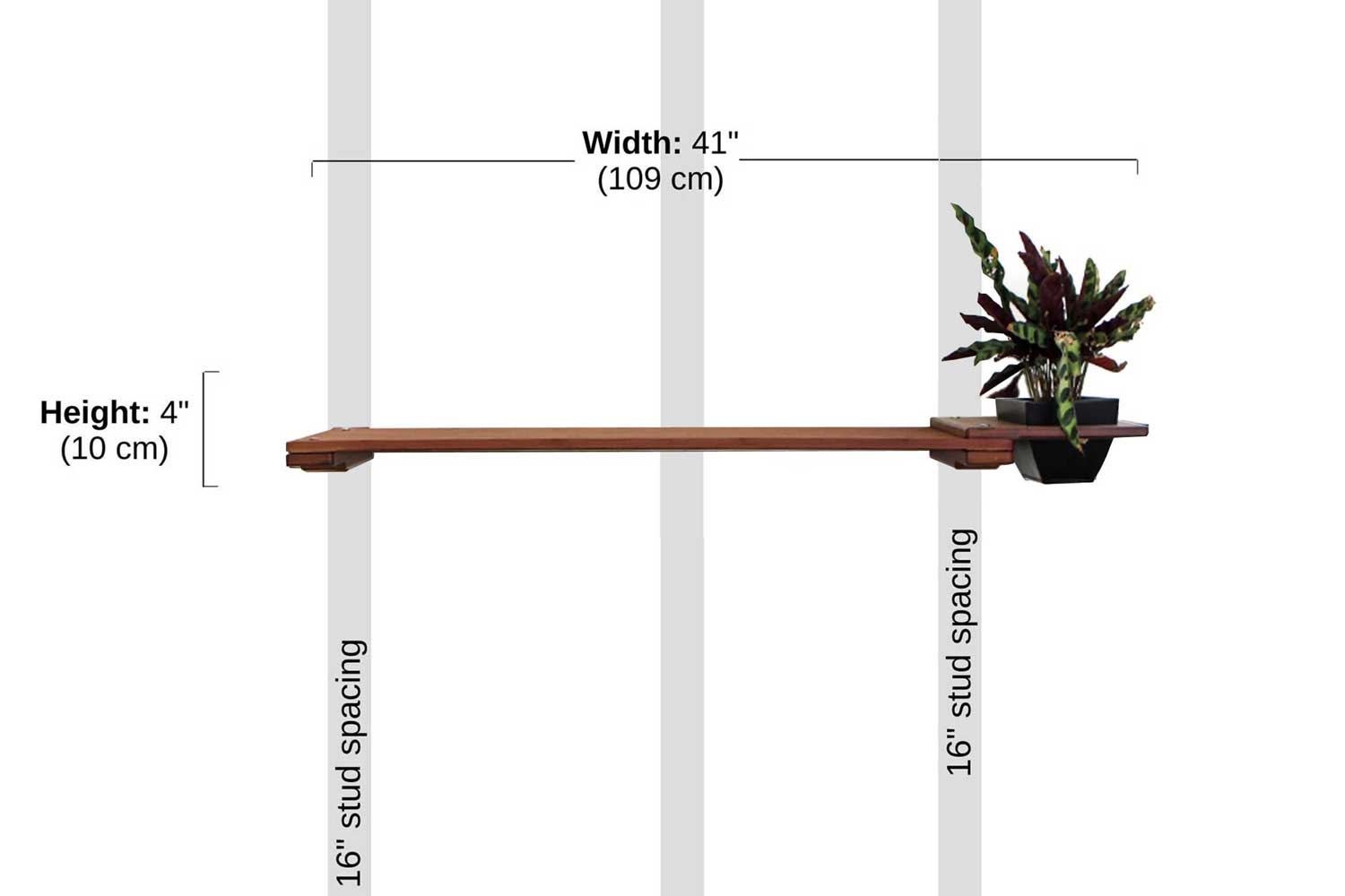 Diagram depicting installation of 41" Planter Shelf on wall with 16" stud spacing.