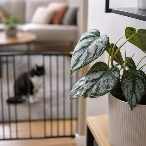 A picture of a toxic plant (Philodendron)with a cat in the background. 