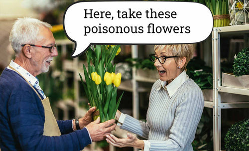 Man handing a woman a bouquet of flowers with a speech bubble saying 'Here, take these poisonous flowers'.