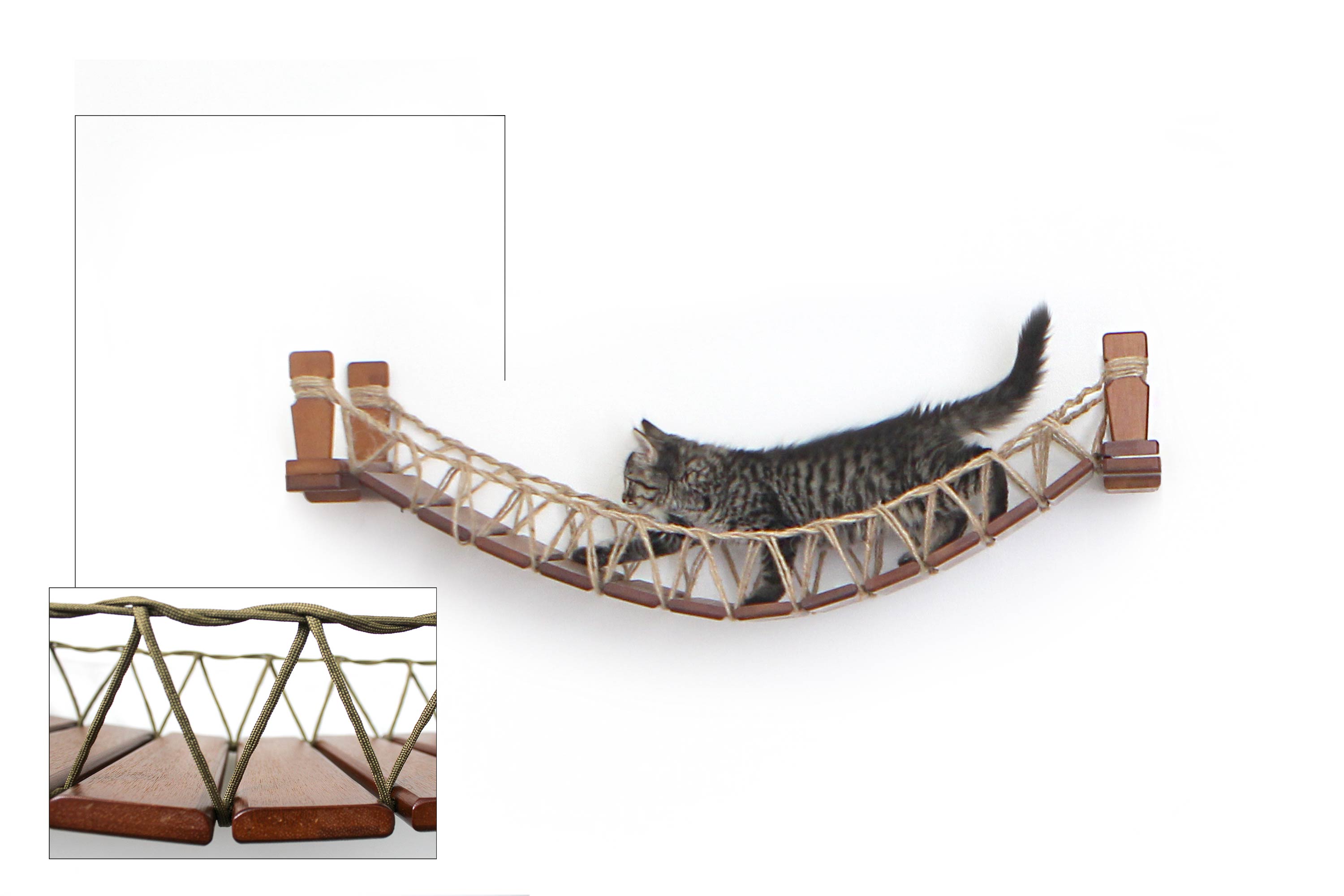 Swatch of paracord roping upgrade shown with a photo of a kitten walking across an English Chestnut Bamboo 34" wall-mounted cat bridge