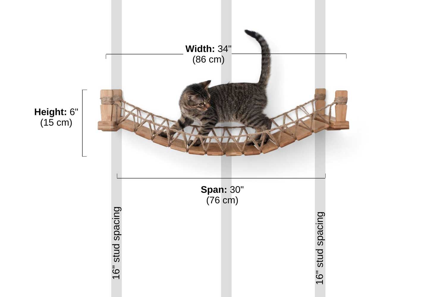 Diagram depicting installation of 34" bridge on wall with 16" stud spacing.
